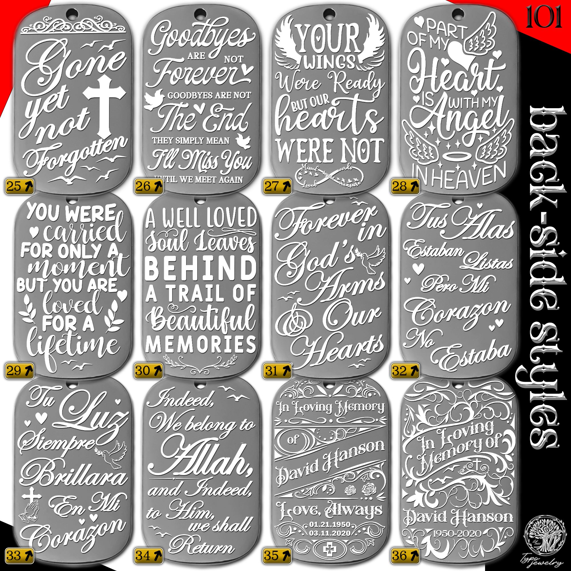 Flat lay of engraved memorial pendants slide 3